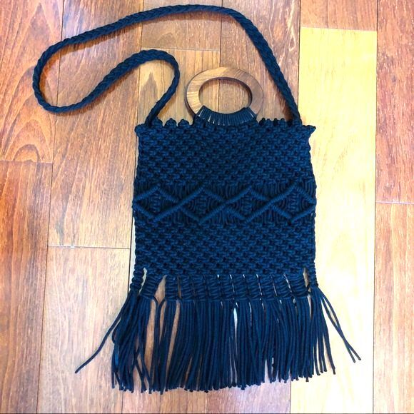 Danielle Nicole Macramé Fringe Black Handbag - Picture 2 of 11